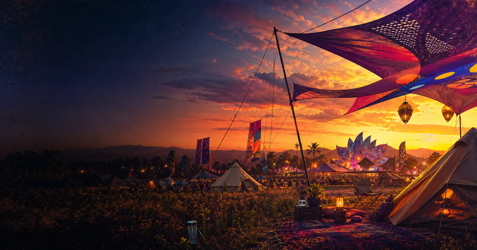Artists and festival community gathering at golden hour
