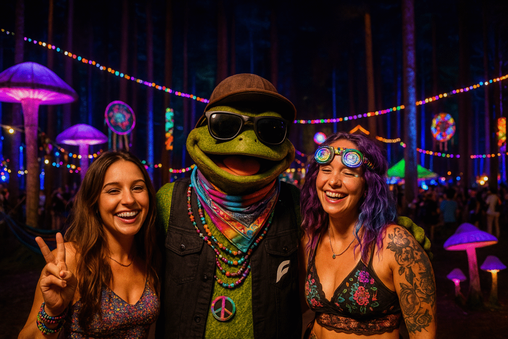 Festly frog mascot campaign scene in a colorful forest installation