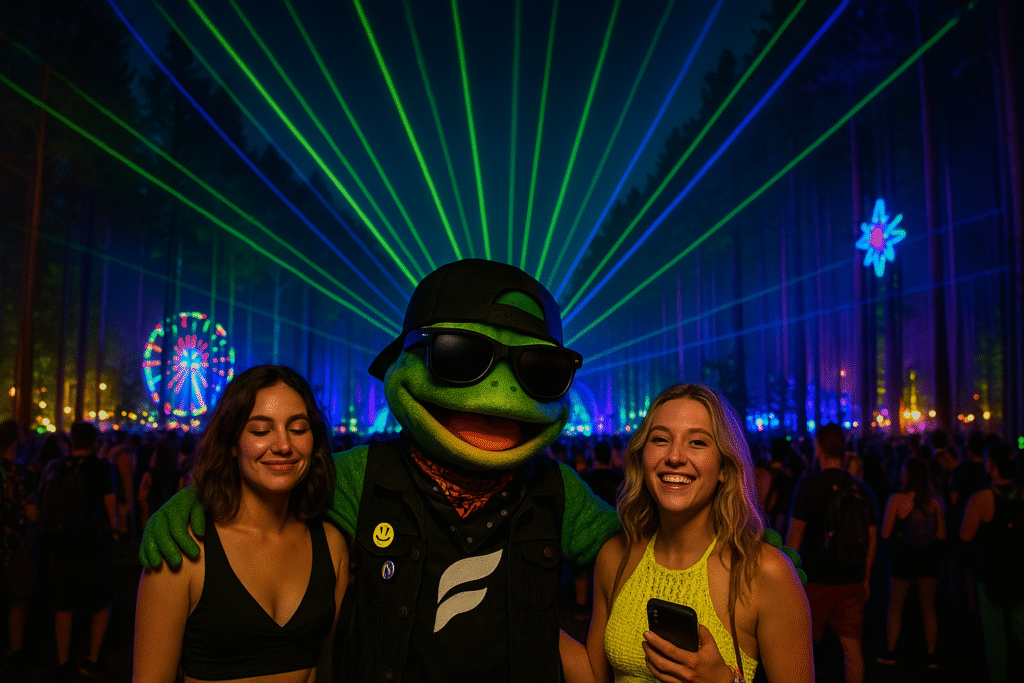 Festly frog mascot campaign scene beneath green festival lights